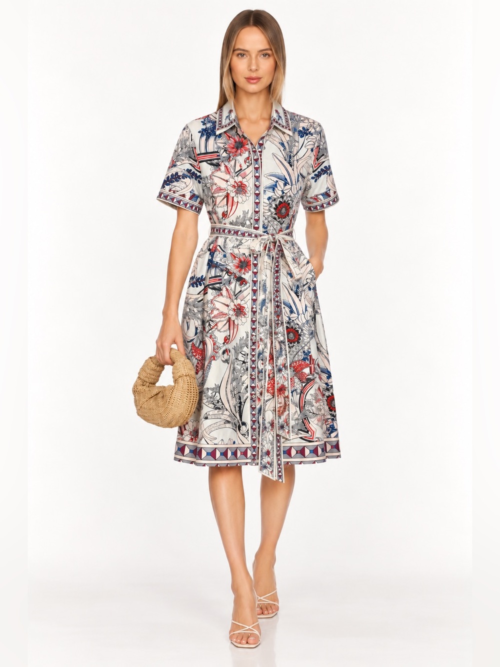 Dalia Macphee Floral Print Shirt Midi Dress with Tie Belt size M